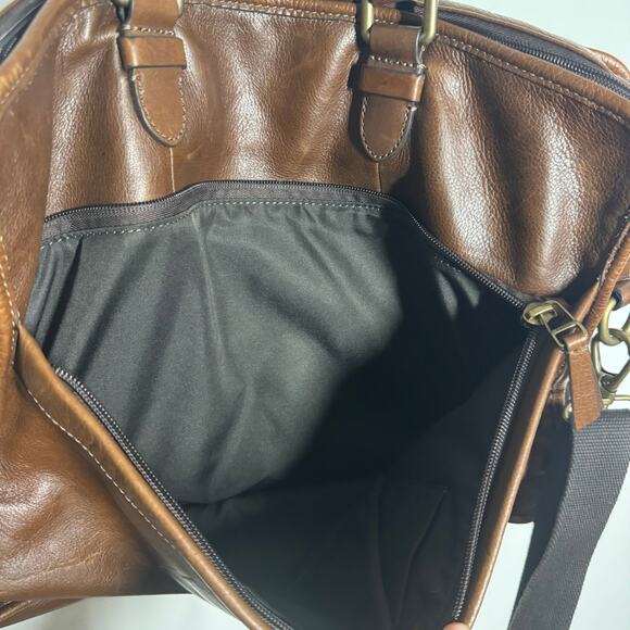 Fossil Briefcase Genuine Smooth Cognac Brown Leather Pocket Zip Office Career - Picture 4 of 11